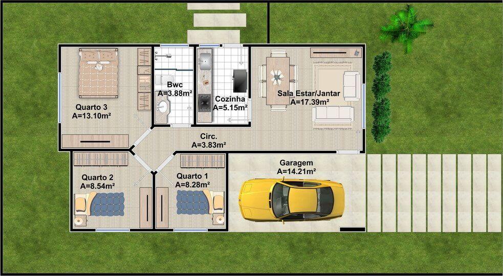 Casa de fachada simples, 3 quartos e 83m². Foto: Reprodução / Projeto Pronto