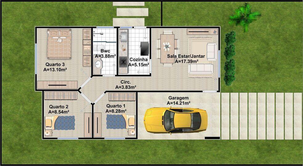 Casa de fachada simples, 3 quartos e 83m². Foto: Reprodução / Projeto Pronto 