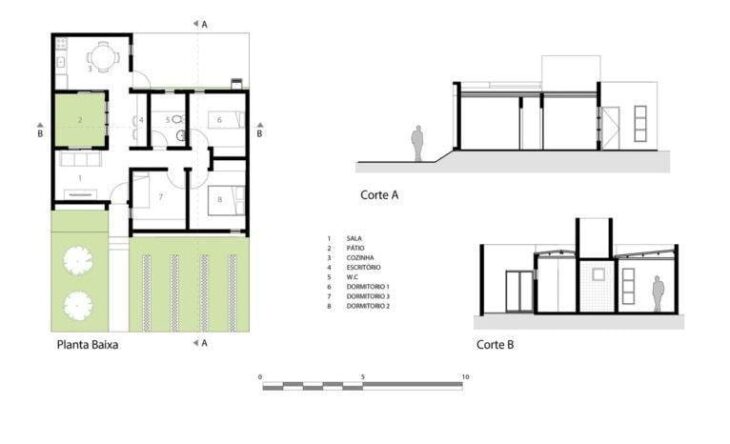 Planta Casa dos Caseiros de 70m². Foto: Reprodução / 24.7 Arquitetura e Design via Archdaily