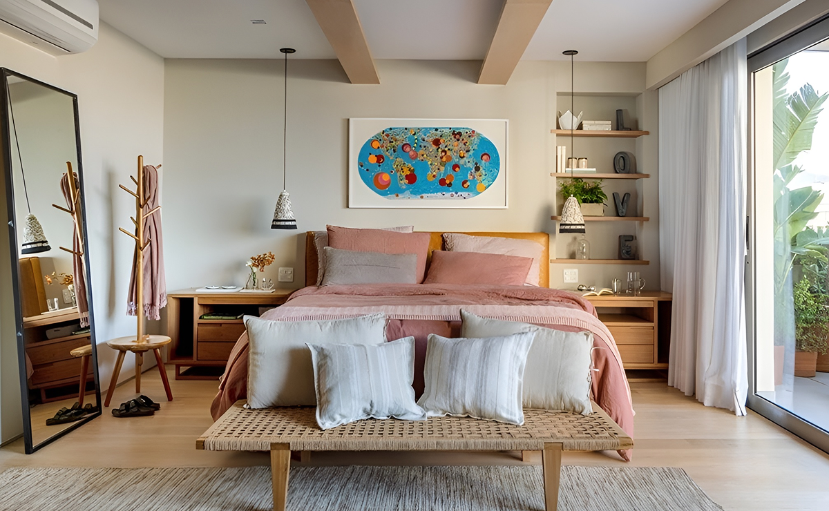quarto de casal com banco no pé da cama.