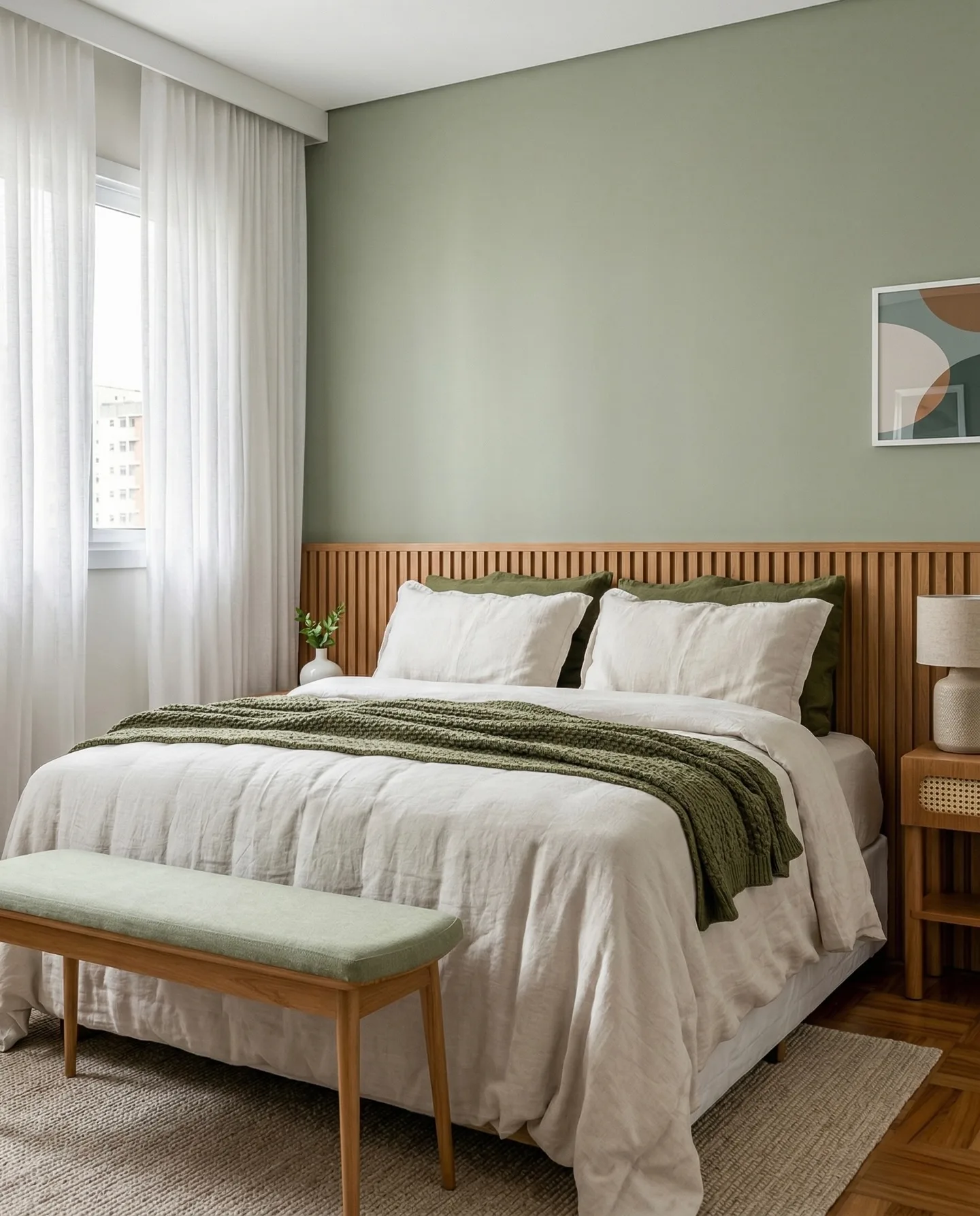 Quarto com paredes verdes e detalhes amadeirados.