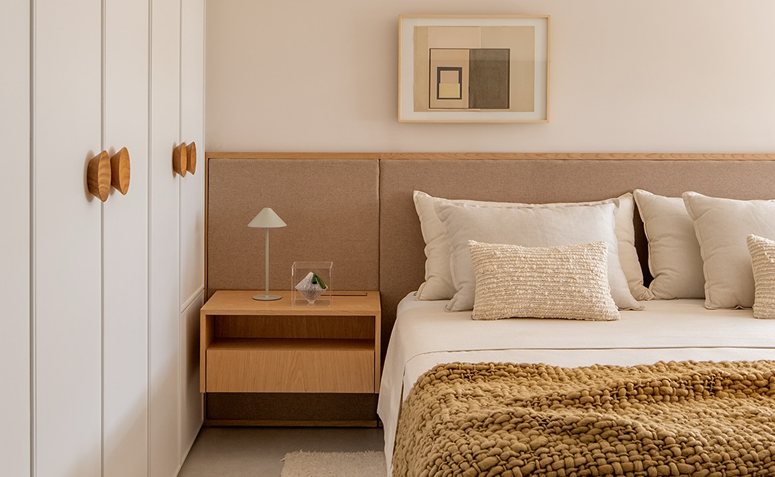 Quarto com paleta de cores suave representando um dos pilares do bedscaping