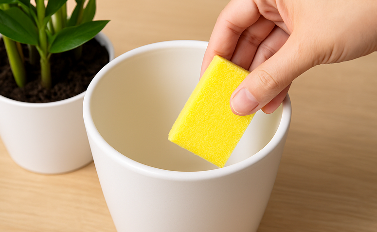Pessoa colocando esponja amarela no fundo de um vaso branco antes de adicionar a terra.
