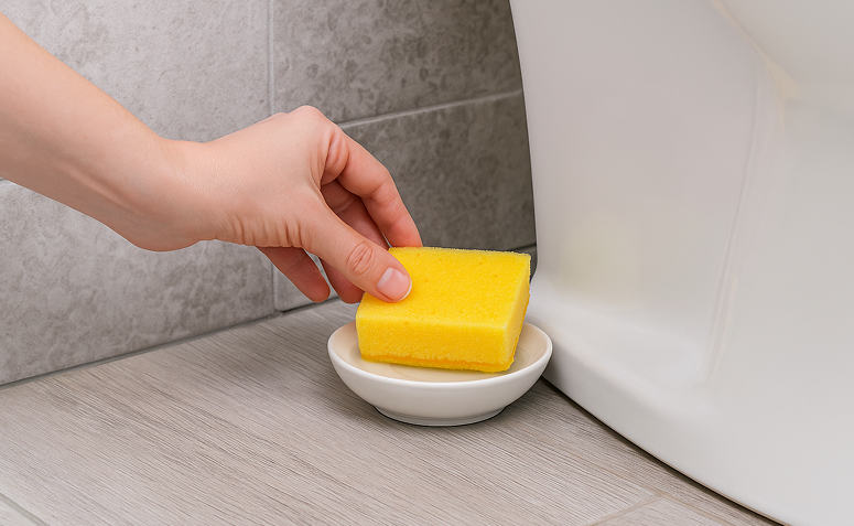 sponja embebida sobre pires posicionada atrás do vaso sanitário, atuando como sachê desinfetante.