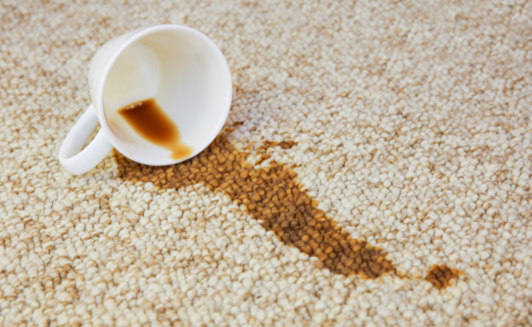 Xícara de café derramada sobre carpete claro, formando uma mancha escura.