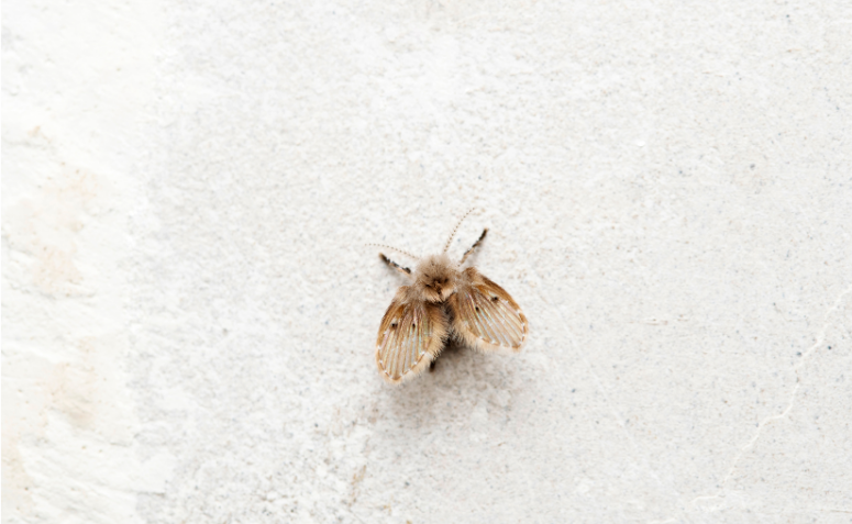 close de um mosquitinho de banheiro (Psychoda spp.) pousado na parede, mostrando detalhes das asas e antenas.