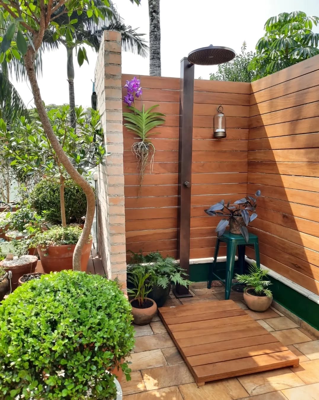 Chuveiro externo com plantas em cantinho pequeno da varanda.