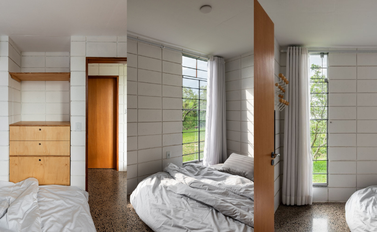 Montagem de três fotos que mostram a parte interna do quarto da casa.