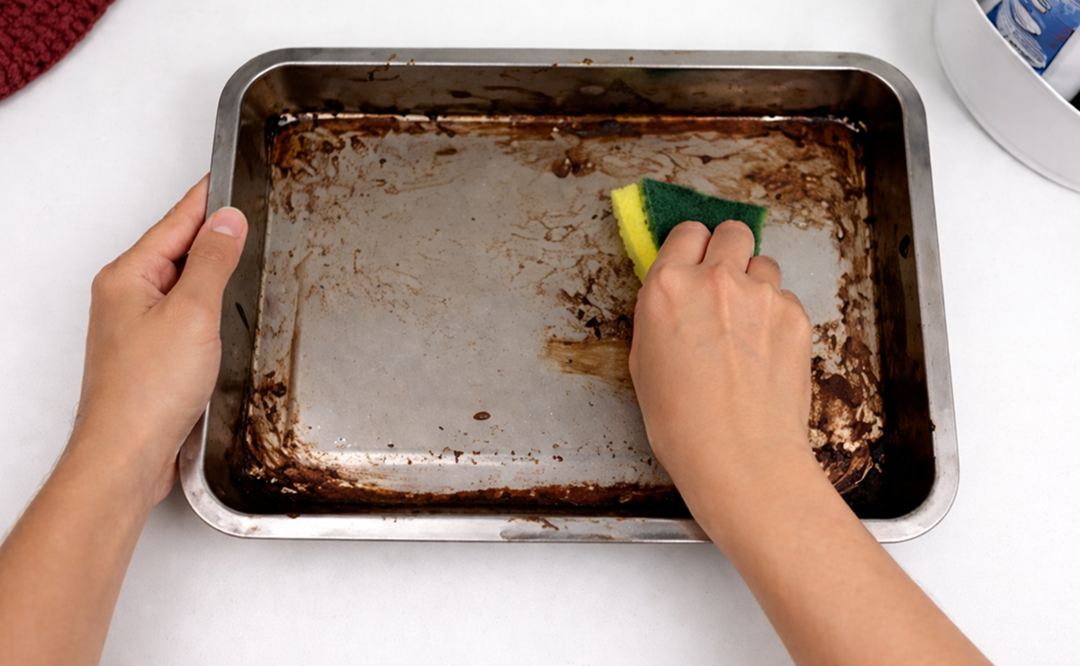 Mãos limpando uma forma de inox com esponja e produto desengordurante para remover crostas de sujeira após o uso no forno.