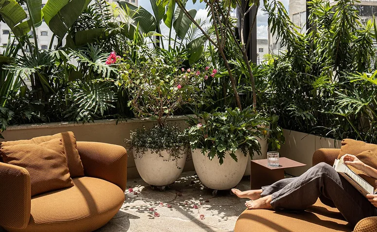 plantas em vasos criando ambiente acolhedor em cantinho de descanso no jardim