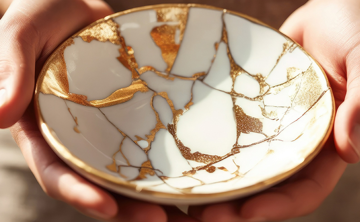 tigela de cerâmica restaurada com técnica kintsugi sendo segurada nas mãos com rachaduras douradas visíveis