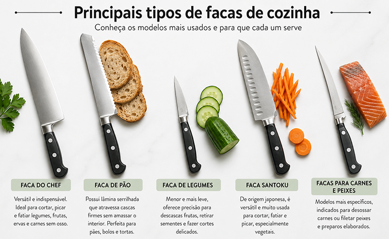 Infográfico com os principais tipos de facas de cozinha e a função de cada uma no preparo dos alimentos.