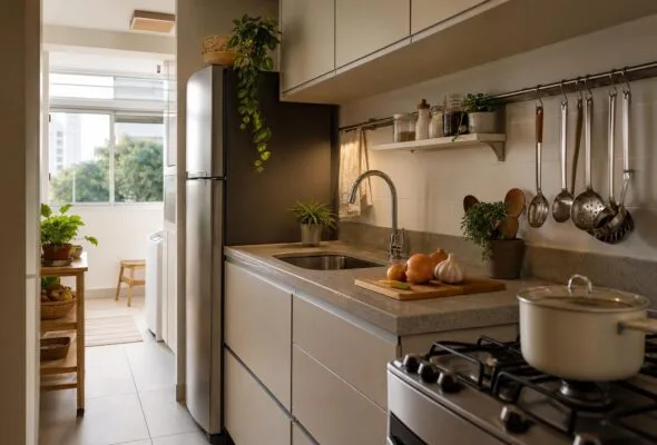 Cozinha pequena e apertada: ajustes para liberar passagem e bancada