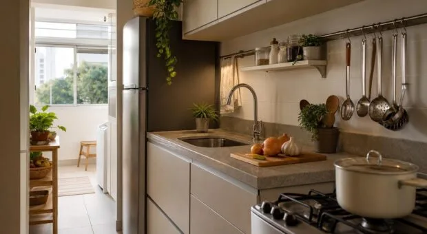 Cozinha pequena e apertada: ajustes para liberar passagem e bancada
