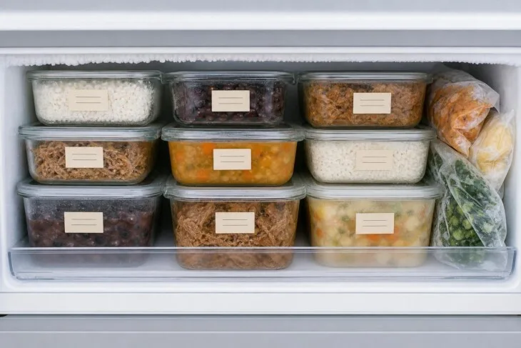 Porções individuais de comida caseira identificadas e organizadas no freezer.