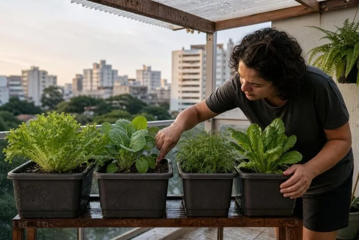 Pessoa verificando a umidade da terra em vasos de hortaliças numa varanda após chuva leve.
