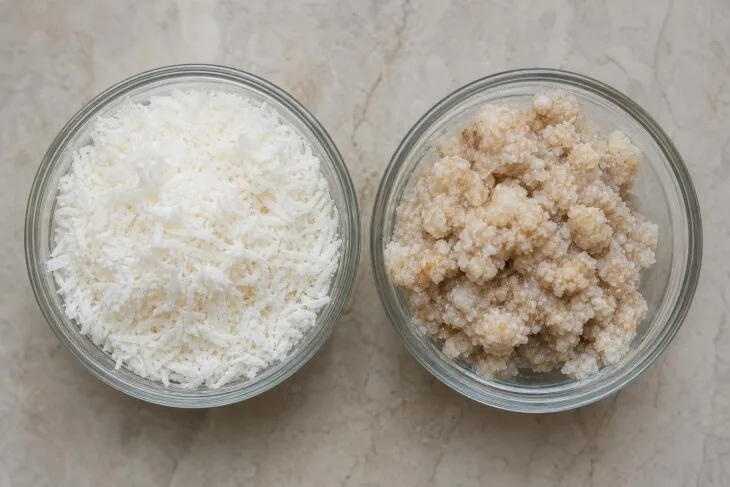 Comparação entre coco ralado fresco e porção com aspecto úmido e alterado.