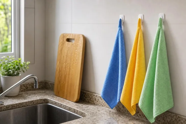 Panos de cozinha de cores diferentes pendurados separadamente perto da pia.