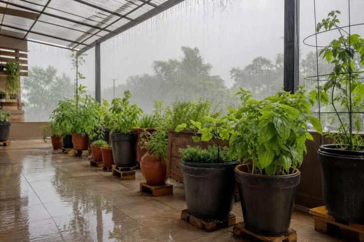 Vasos de ervas e hortaliças protegidos da chuva em uma varanda ventilada.