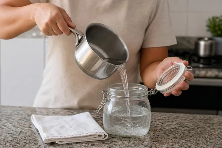 Mãos guardam água já fervida e fria em um recipiente limpo com tampa.