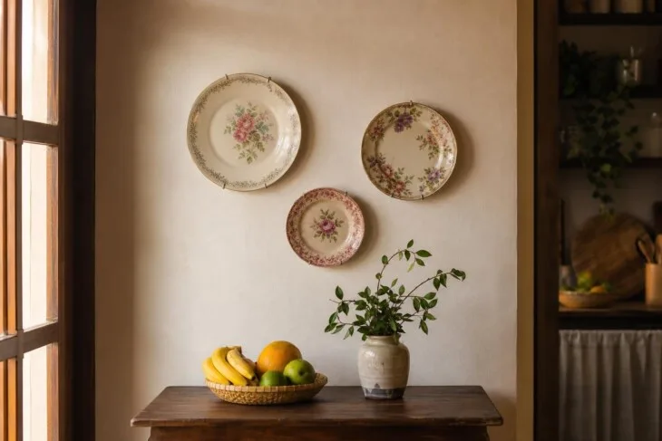 Três pratos florais decoram a parede acima de uma mesa pequena na cozinha.