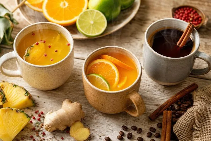 Três canecas com quentão de abacaxi, versão cítrica e versão de café com especiarias.