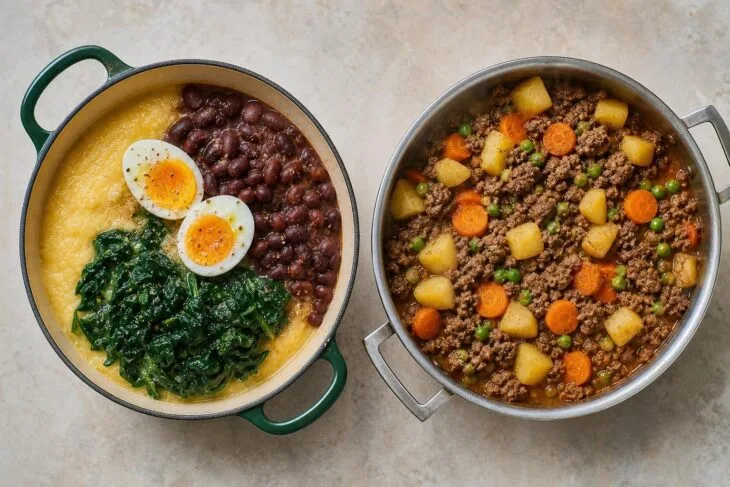 Duas panelas com polenta, feijão e ovos e com carne moída, batata e legumes.