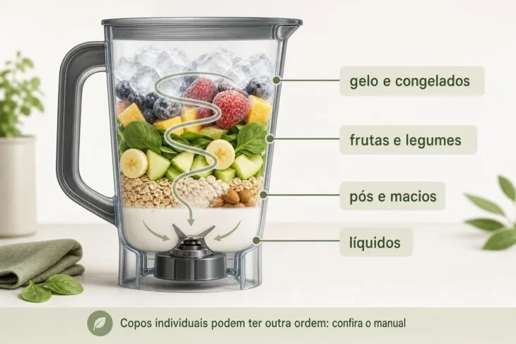 Infográfico mostra líquidos no fundo do copo e ingredientes congelados no topo para favorecer a circulação.