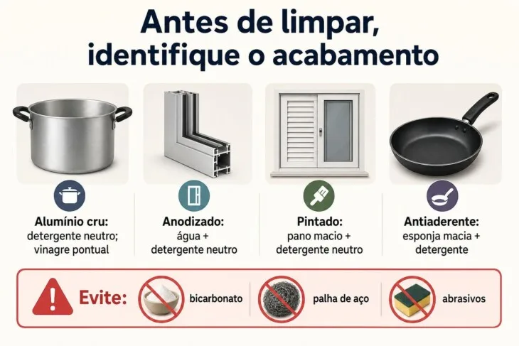Infográfico compara a limpeza indicada para alumínio cru, anodizado, pintado e antiaderente.