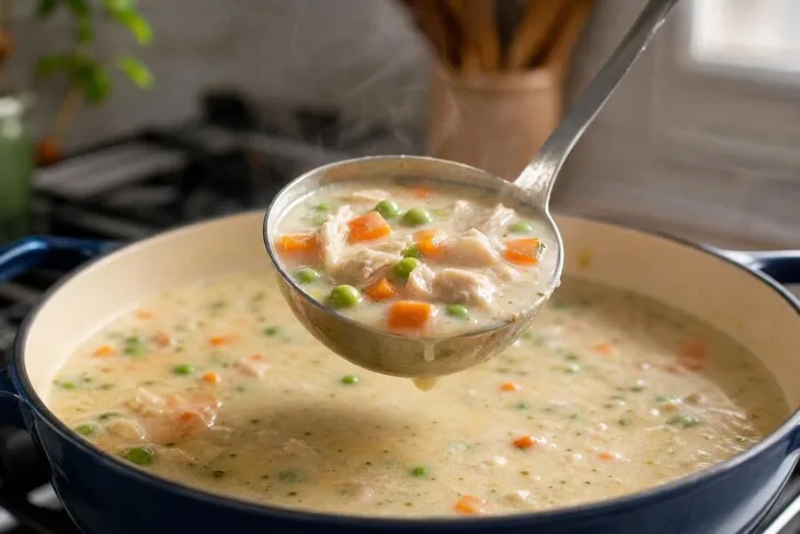 Concha com sopa cremosa de frango, cenoura e ervilha.