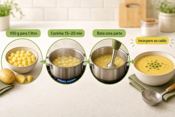 Infográfico mostra a proporção de batata e as etapas para engrossar sopa.