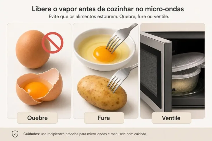 Infográfico mostra ovo com casca proibido, gema e batata furadas e tampa entreaberta.