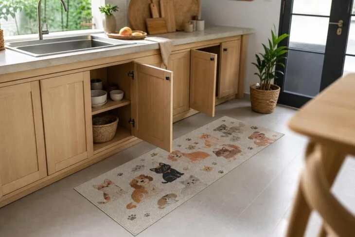 Tapete baixo com desenho de cães e gatos posicionado plano em frente à pia da cozinha.