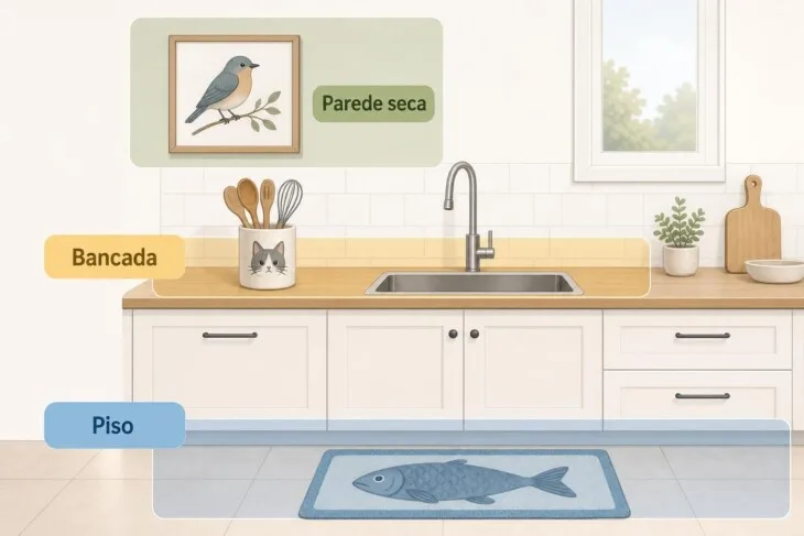 Infográfico indica parede seca, bancada e piso como áreas para usar itens com tema de animais na cozinha.