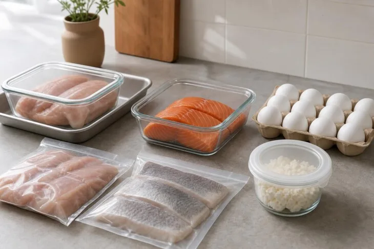 Carnes cruas, peixe, ovos e queijo armazenados em recipientes fechados.
