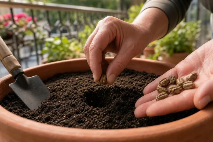 Mãos plantando sementes de capuchinha em vaso com terra solta.