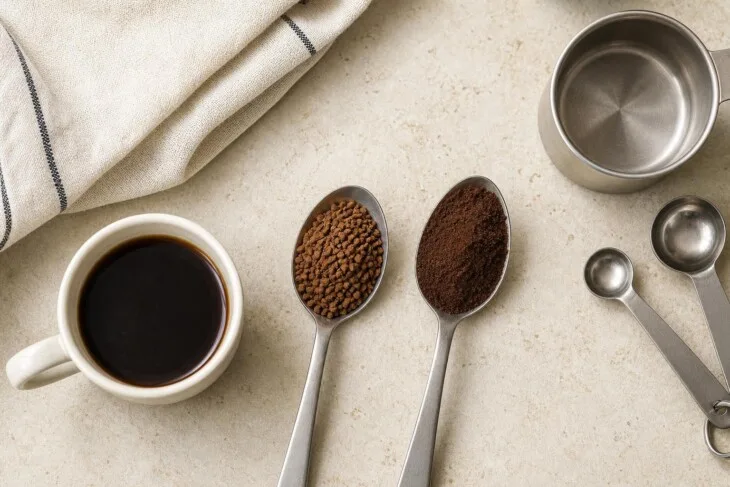 Café coado frio, café solúvel e pó de café em recipientes separados.