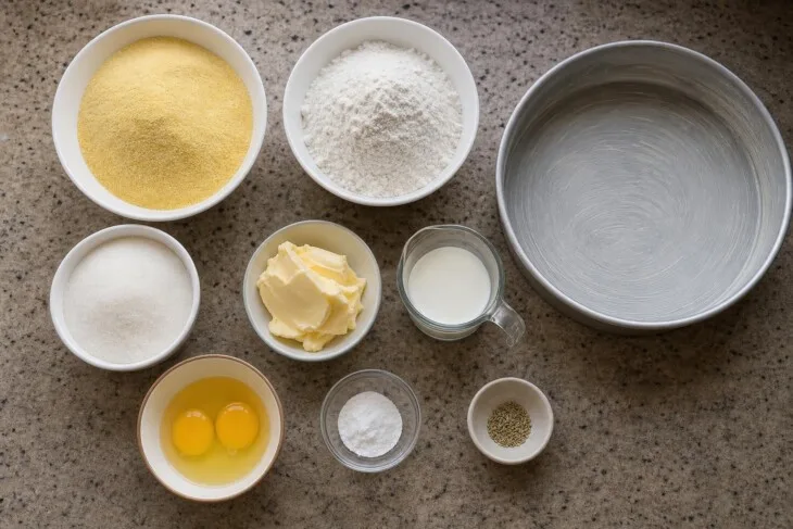Ingredientes medidos para broa de fubá ao lado de uma forma redonda metálica.