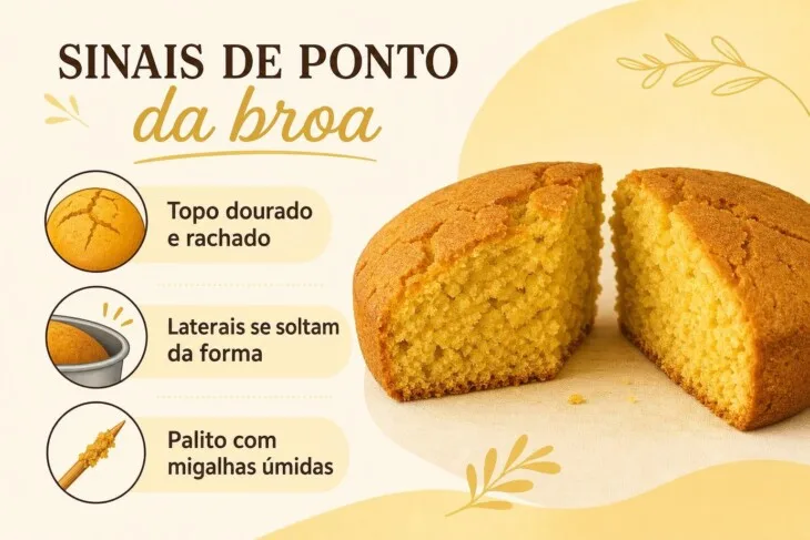 Infográfico com três sinais de que a broa de fubá está assada.