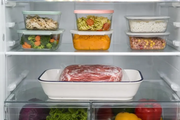 Carne em embalagem genérica dentro de uma travessa na prateleira inferior da geladeira.