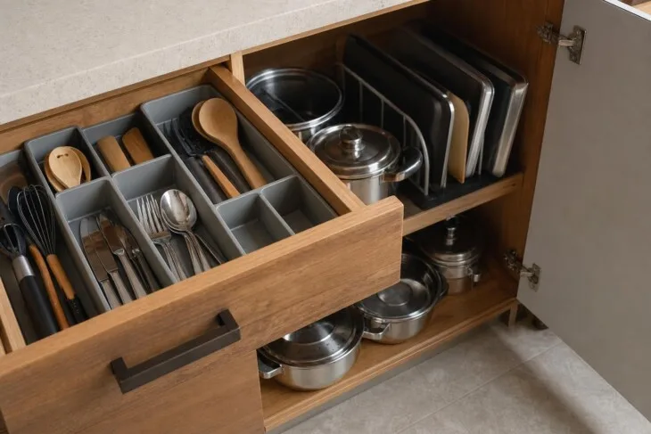Gaveta e armário de cozinha organizados com utensílios visíveis e tampas na vertical.