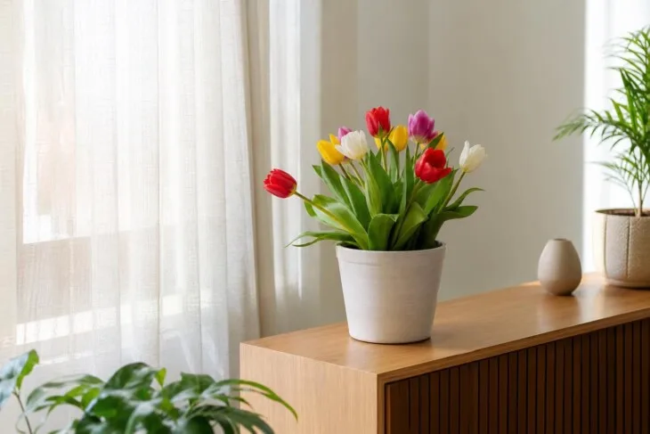 Tulipa em vaso em aparador claro, perto de janela com cortina translúcida.