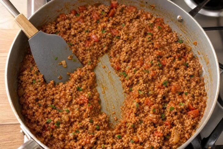 Carne moída refogada com molho curto em panela larga.