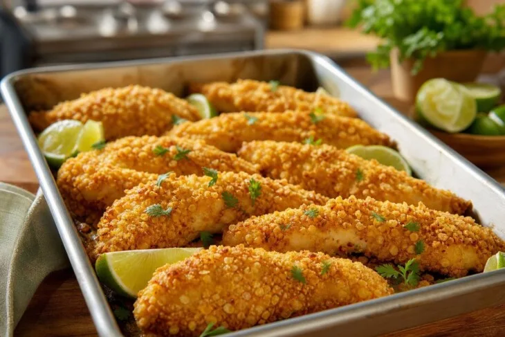 Tiras de frango assadas com crosta dourada de flocão de milho em uma assadeira.