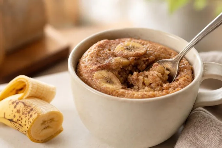 Bolo de banana e canela em caneca, com colher mostrando o miolo.