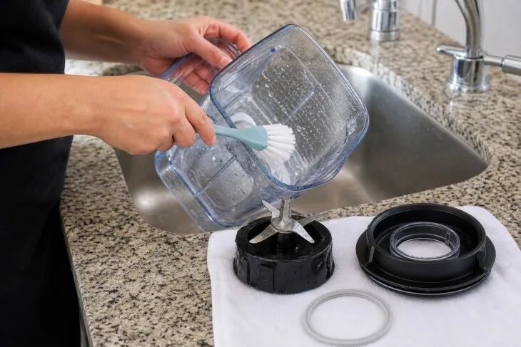 Jarra de liquidificador desmontada sendo lavada com lâmina e anel de vedação ao lado.