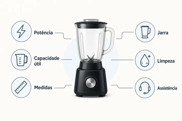 Infográfico com seis critérios para comparar liquidificadores além da potência.