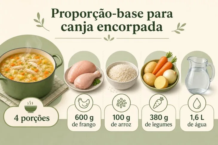 Infográfico com a proporção de frango, arroz, legumes e água para quatro porções de canja.