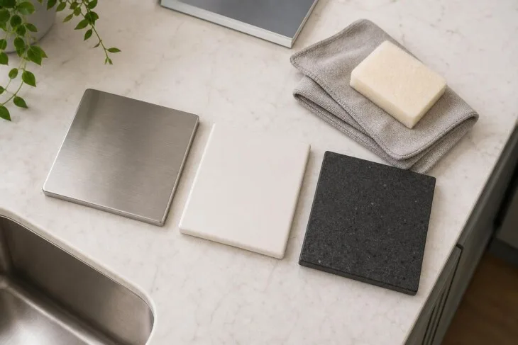 Diferentes materiais de pia de cozinha ao lado de pano e esponja macia.