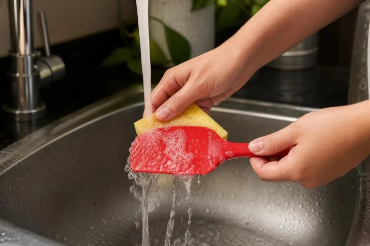 Pessoa lava espátula de silicone com esponja macia e água corrente.
